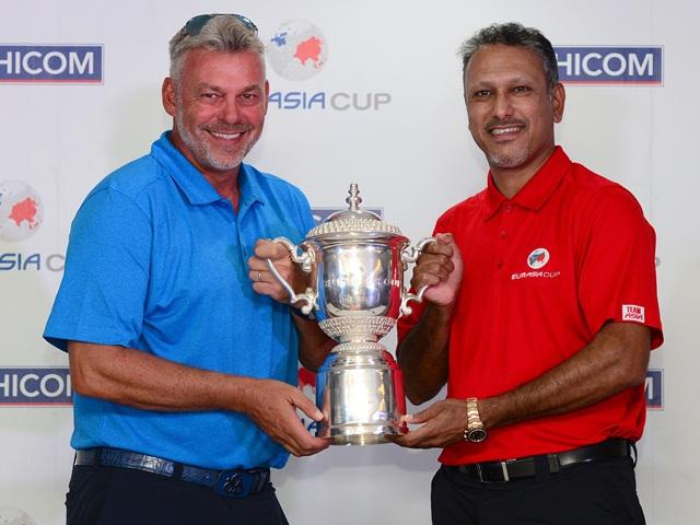 Captains Darren Clarke and Jeev Milkha Singh ahead of the EurAsia Cup